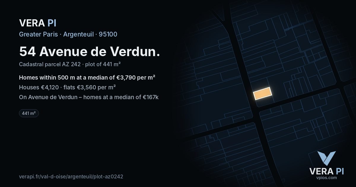 54 Avenue de Verdun, Argenteuil at night – the plot lit, the parcels around coloured by the prices near them