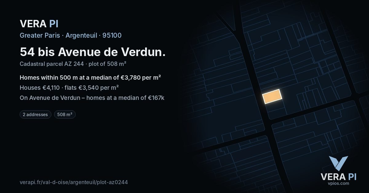 54 bis Avenue de Verdun, Argenteuil at night – the plot lit, the parcels around coloured by the prices near them