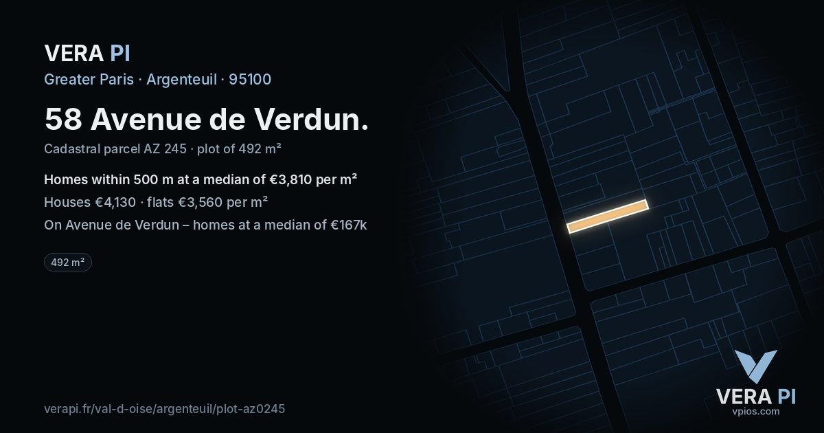 58 Avenue de Verdun, Argenteuil at night – the plot lit, the parcels around coloured by the prices near them