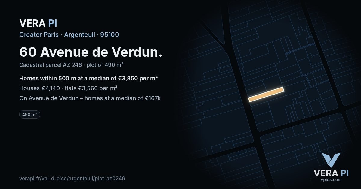 60 Avenue de Verdun, Argenteuil at night – the plot lit, the parcels around coloured by the prices near them
