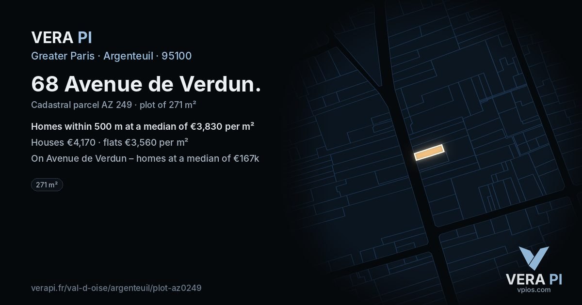 68 Avenue de Verdun, Argenteuil at night – the plot lit, the parcels around coloured by the prices near them