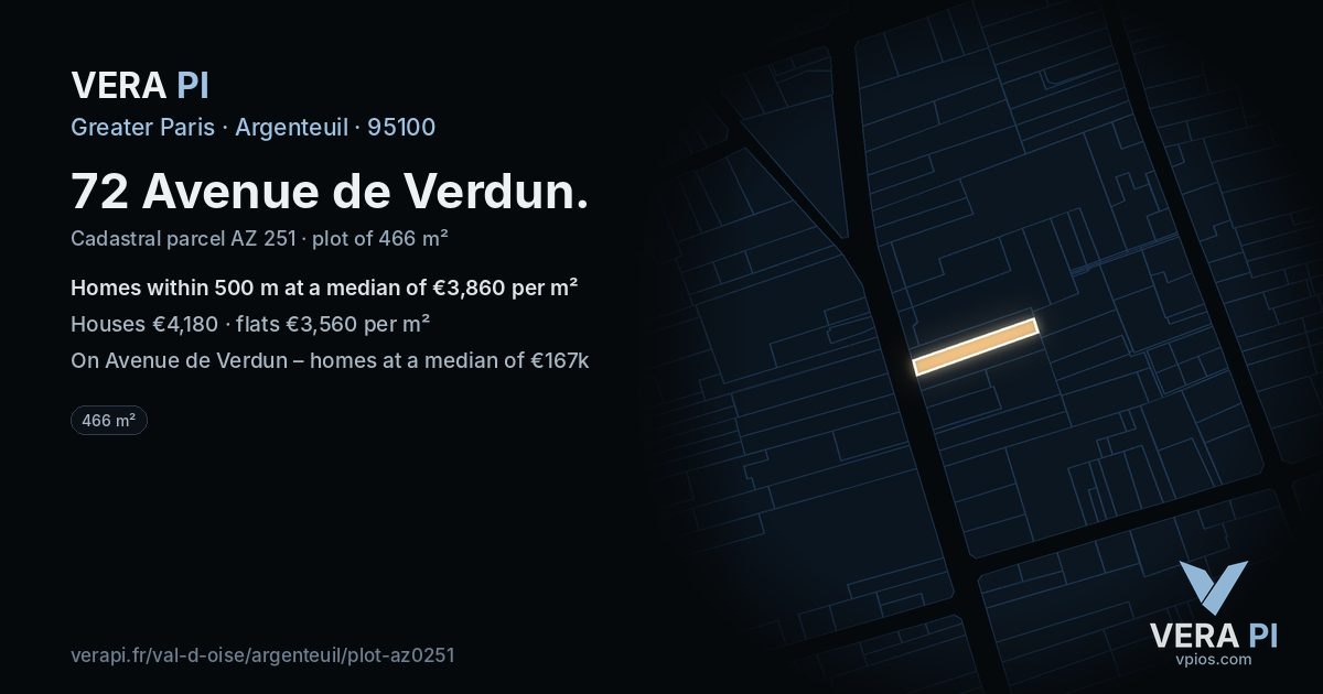 72 Avenue de Verdun, Argenteuil at night – the plot lit, the parcels around coloured by the prices near them