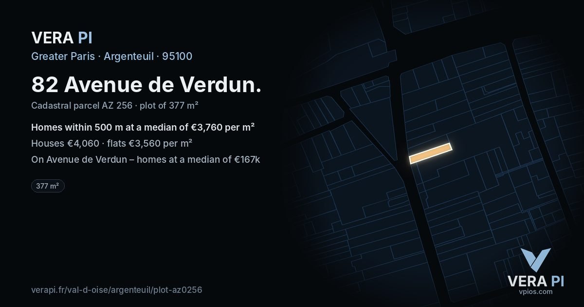 82 Avenue de Verdun, Argenteuil at night – the plot lit, the parcels around coloured by the prices near them
