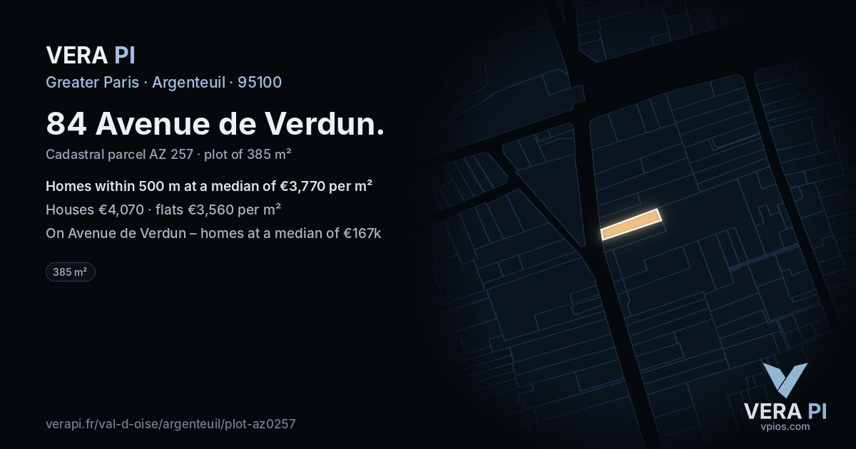 84 Avenue de Verdun, Argenteuil at night – the plot lit, the parcels around coloured by the prices near them