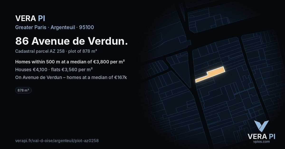 86 Avenue de Verdun, Argenteuil at night – the plot lit, the parcels around coloured by the prices near them