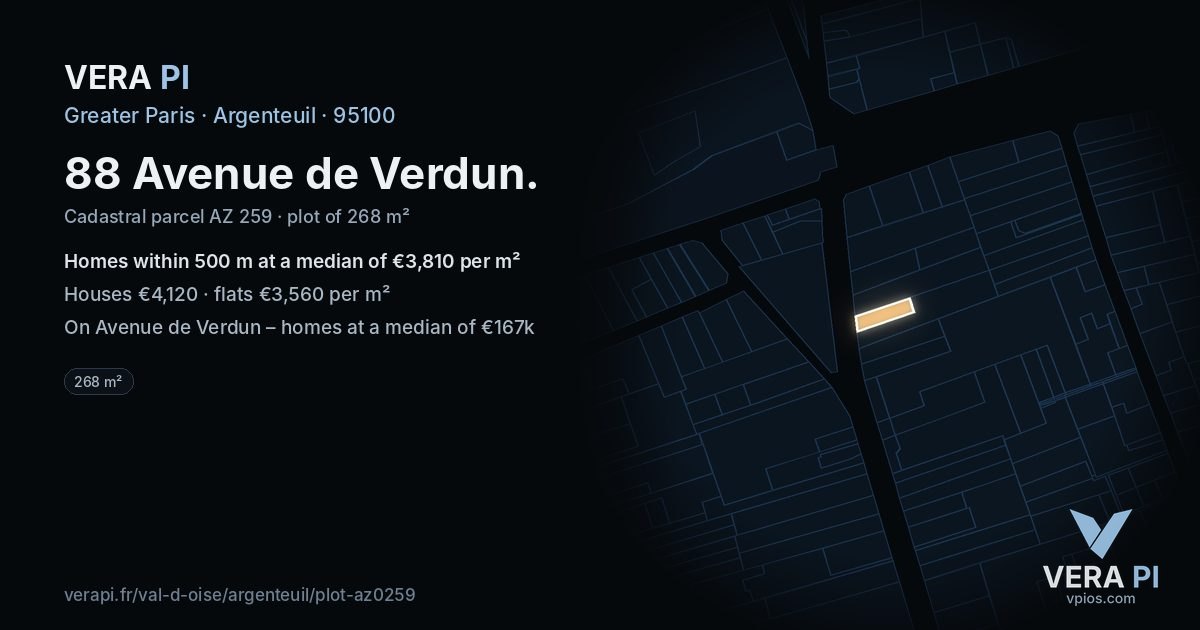 88 Avenue de Verdun, Argenteuil at night – the plot lit, the parcels around coloured by the prices near them