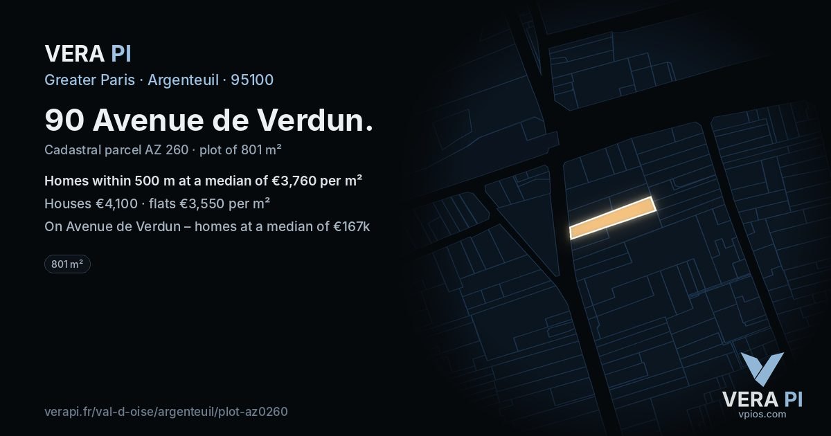 90 Avenue de Verdun, Argenteuil at night – the plot lit, the parcels around coloured by the prices near them
