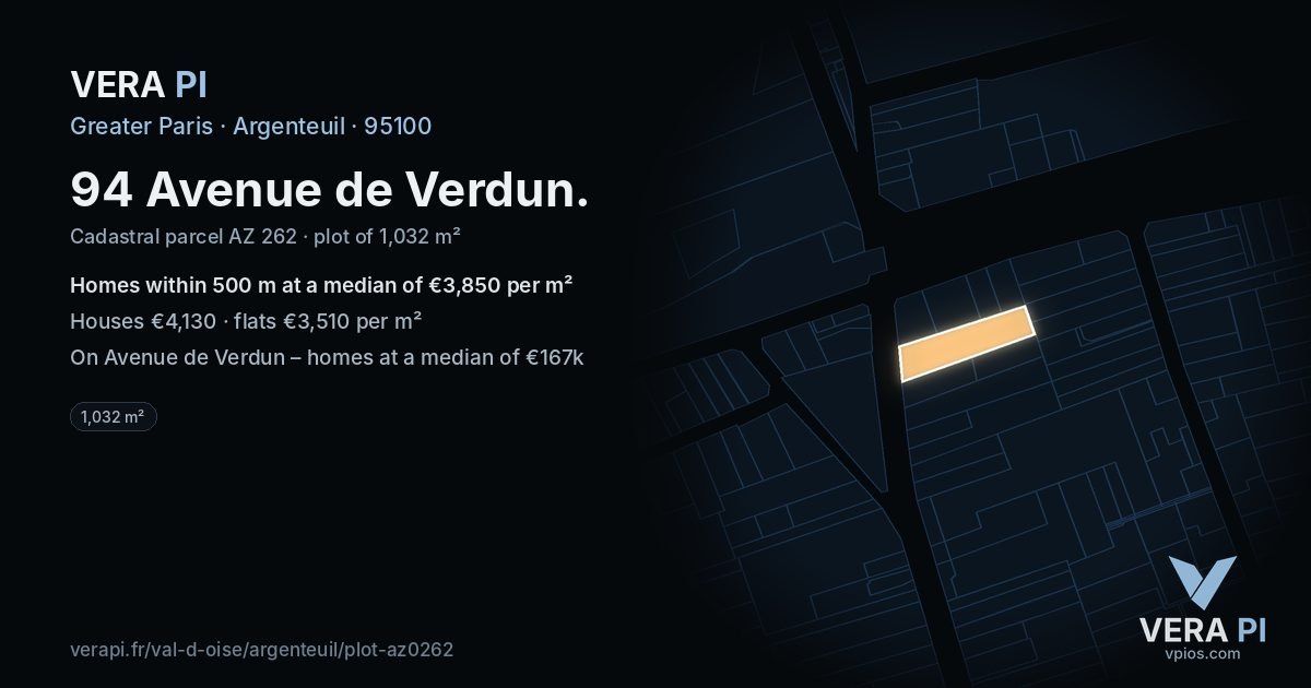 94 Avenue de Verdun, Argenteuil at night – the plot lit, the parcels around coloured by the prices near them