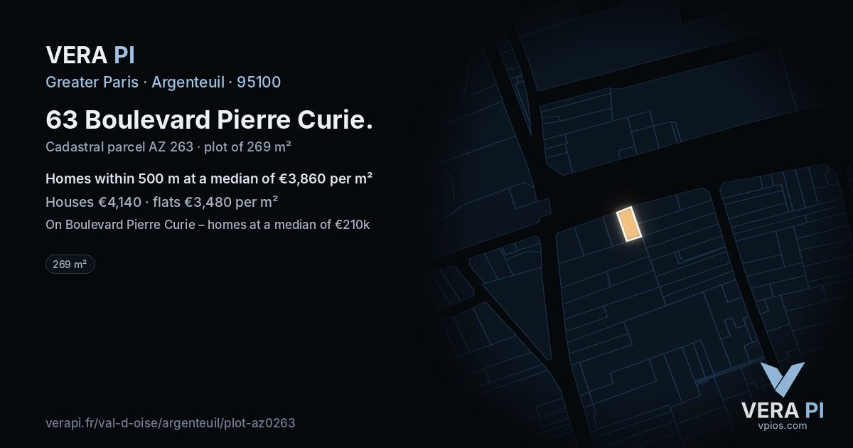 63 Boulevard Pierre Curie, Argenteuil at night – the plot lit, the parcels around coloured by the prices near them