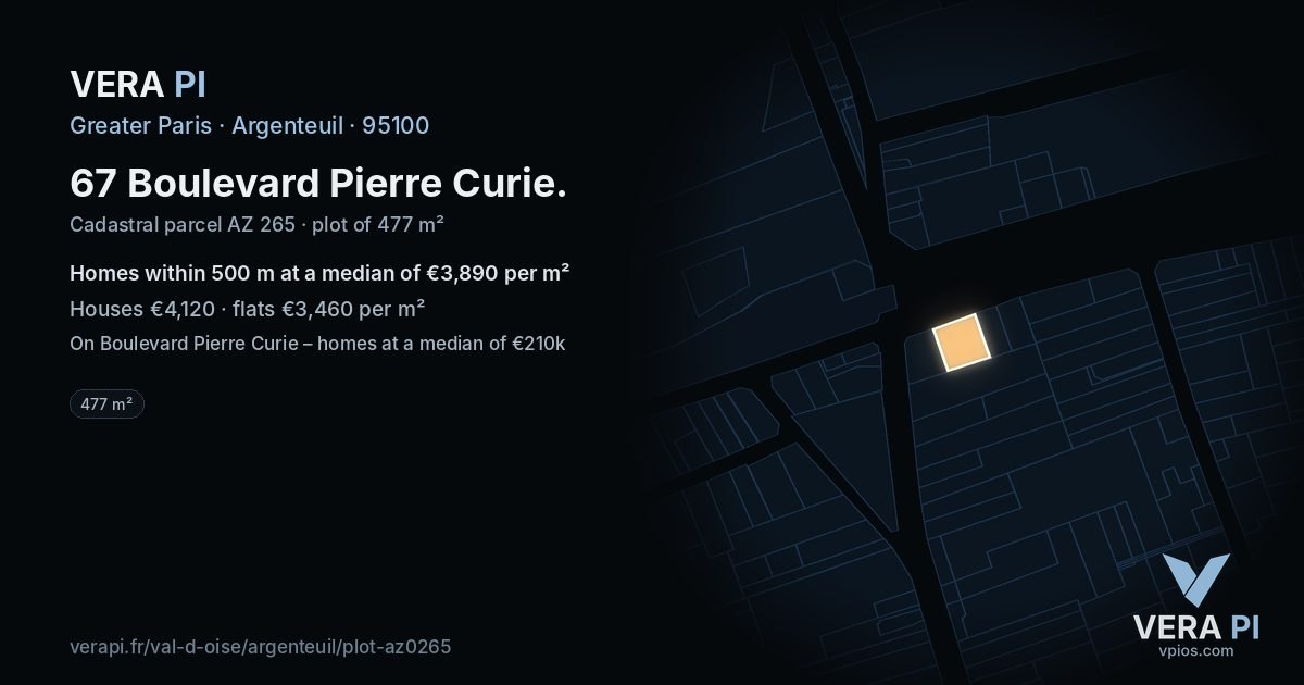 67 Boulevard Pierre Curie, Argenteuil at night – the plot lit, the parcels around coloured by the prices near them