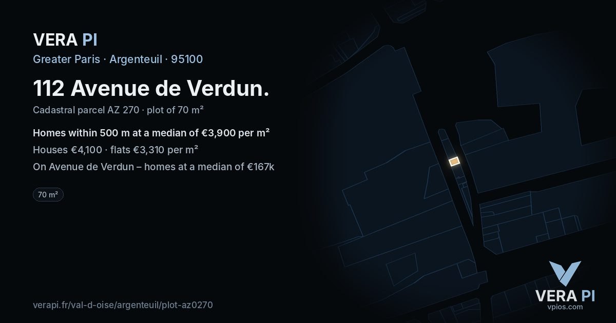 112 Avenue de Verdun, Argenteuil at night – the plot lit, the parcels around coloured by the prices near them
