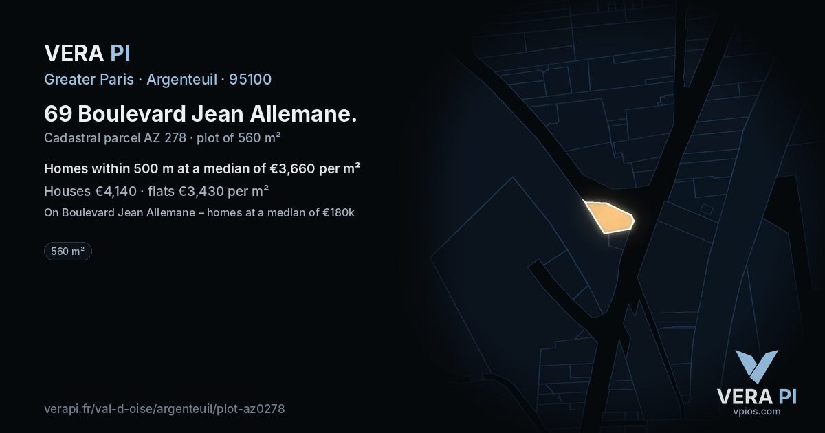 69 Boulevard Jean Allemane, Argenteuil at night – the plot lit, the parcels around coloured by the prices near them