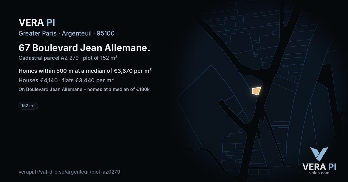 67 Boulevard Jean Allemane, Argenteuil at night – the plot lit, the parcels around coloured by the prices near them