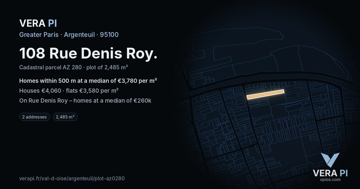 108 Rue Denis Roy, Argenteuil at night – the plot lit, the parcels around coloured by the prices near them