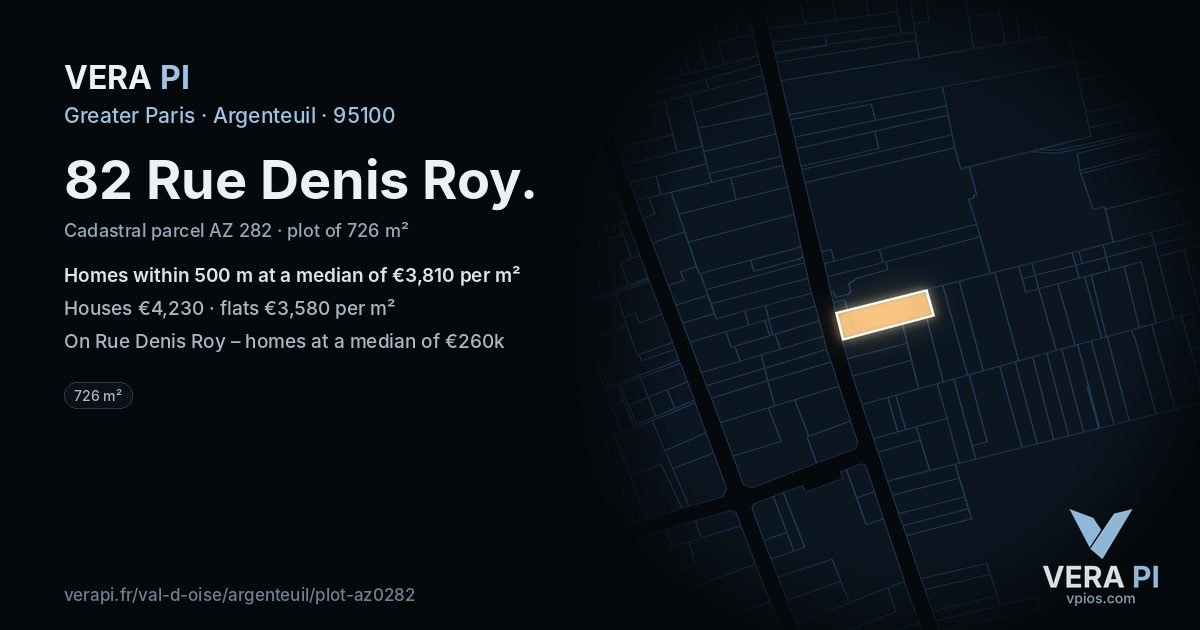 82 Rue Denis Roy, Argenteuil at night – the plot lit, the parcels around coloured by the prices near them