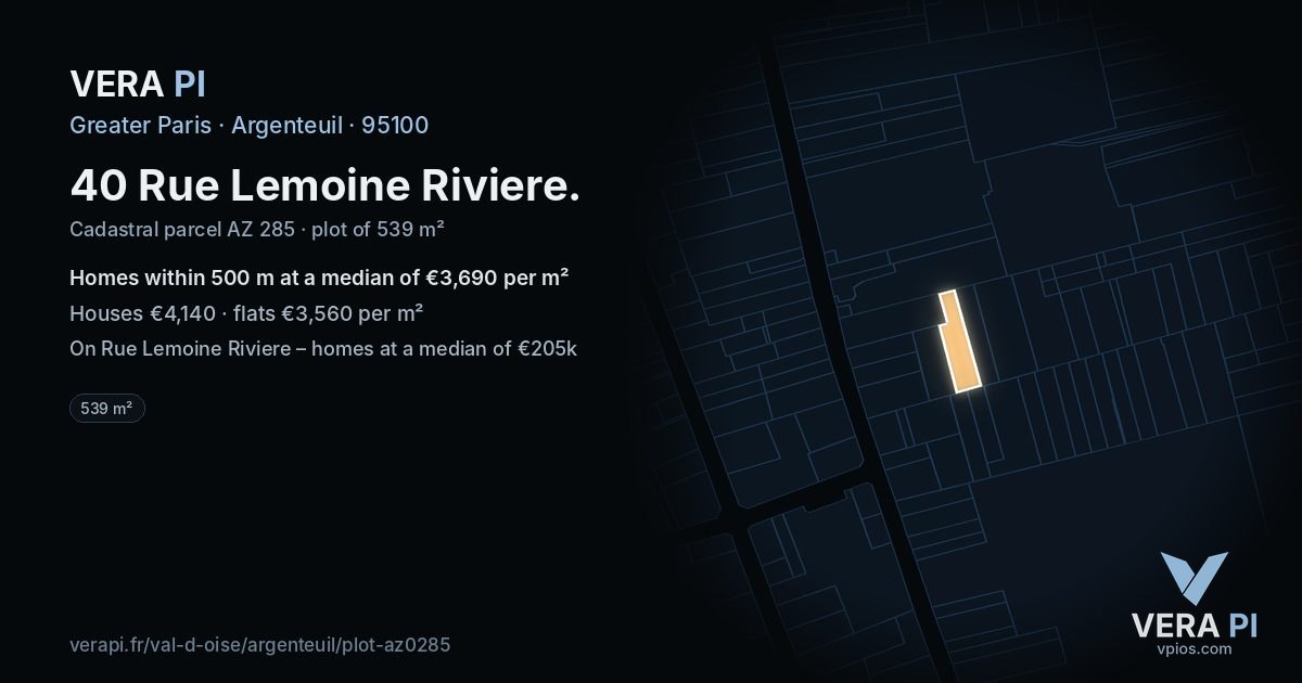 40 Rue Lemoine Riviere, Argenteuil at night – the plot lit, the parcels around coloured by the prices near them
