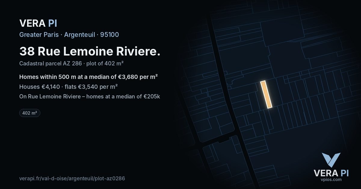 38 Rue Lemoine Riviere, Argenteuil at night – the plot lit, the parcels around coloured by the prices near them