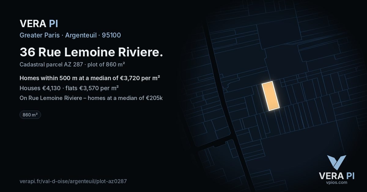 36 Rue Lemoine Riviere, Argenteuil at night – the plot lit, the parcels around coloured by the prices near them