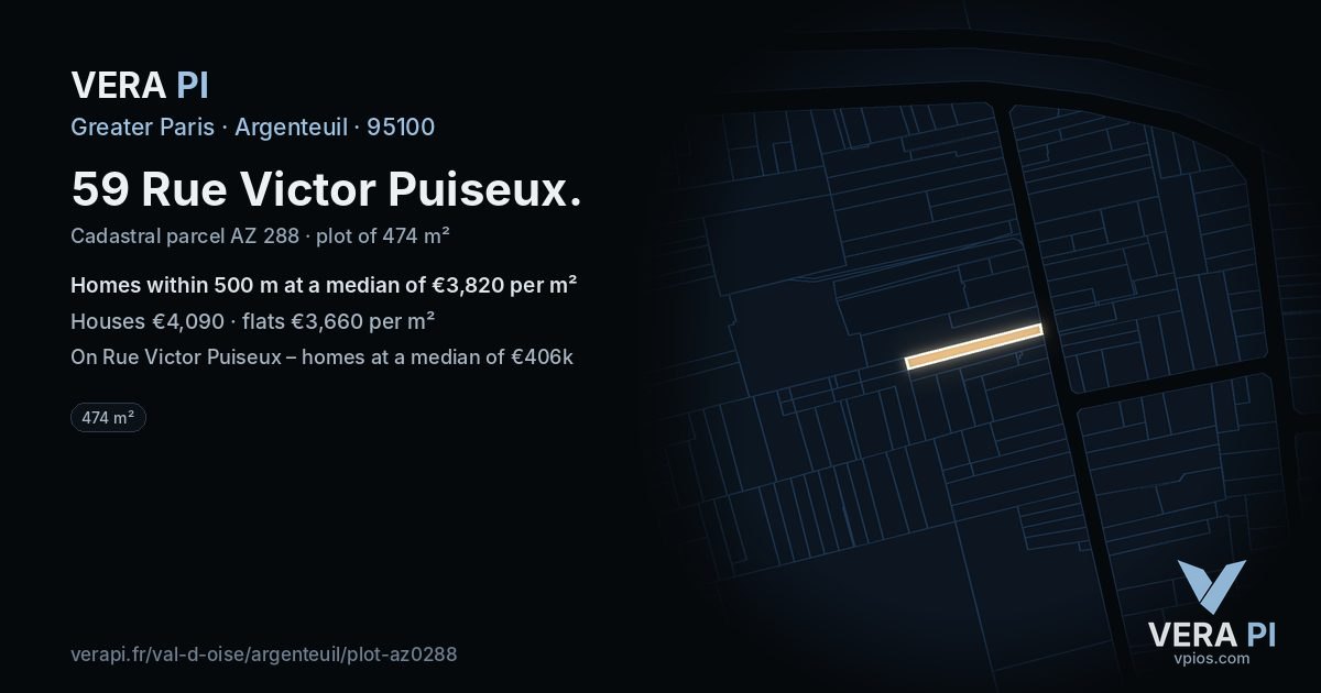 59 Rue Victor Puiseux, Argenteuil at night – the plot lit, the parcels around coloured by the prices near them