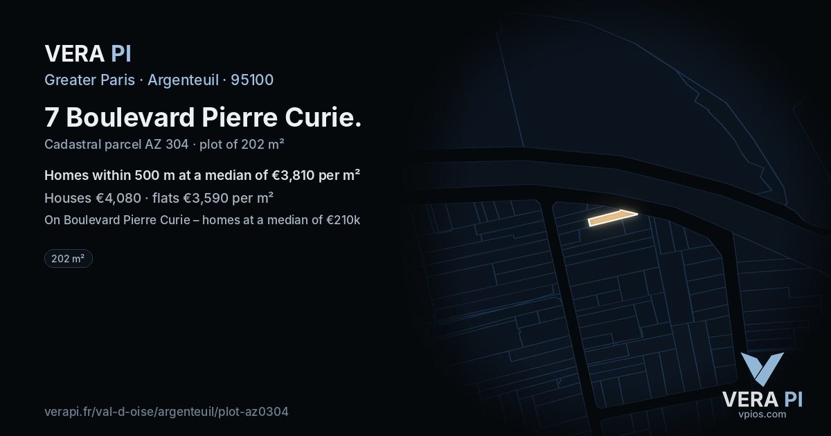 7 Boulevard Pierre Curie, Argenteuil at night – the plot lit, the parcels around coloured by the prices near them