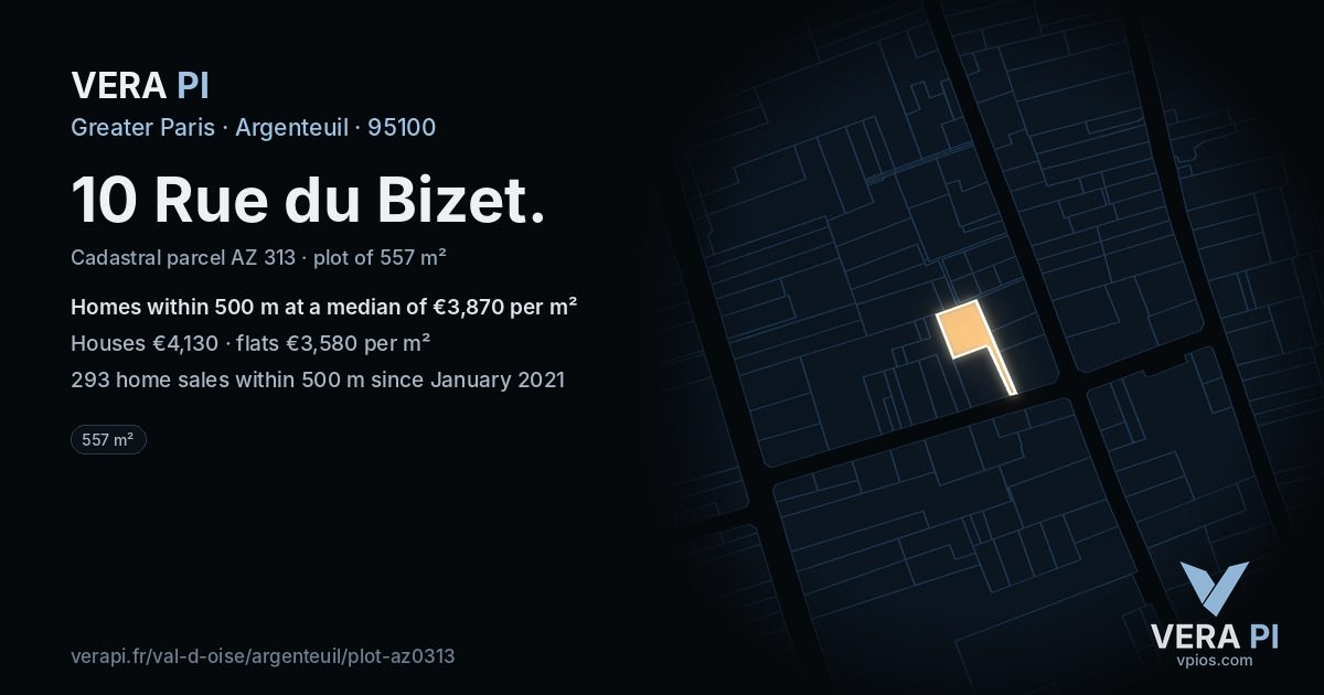 10 Rue du Bizet, Argenteuil at night – the plot lit, the parcels around coloured by the prices near them