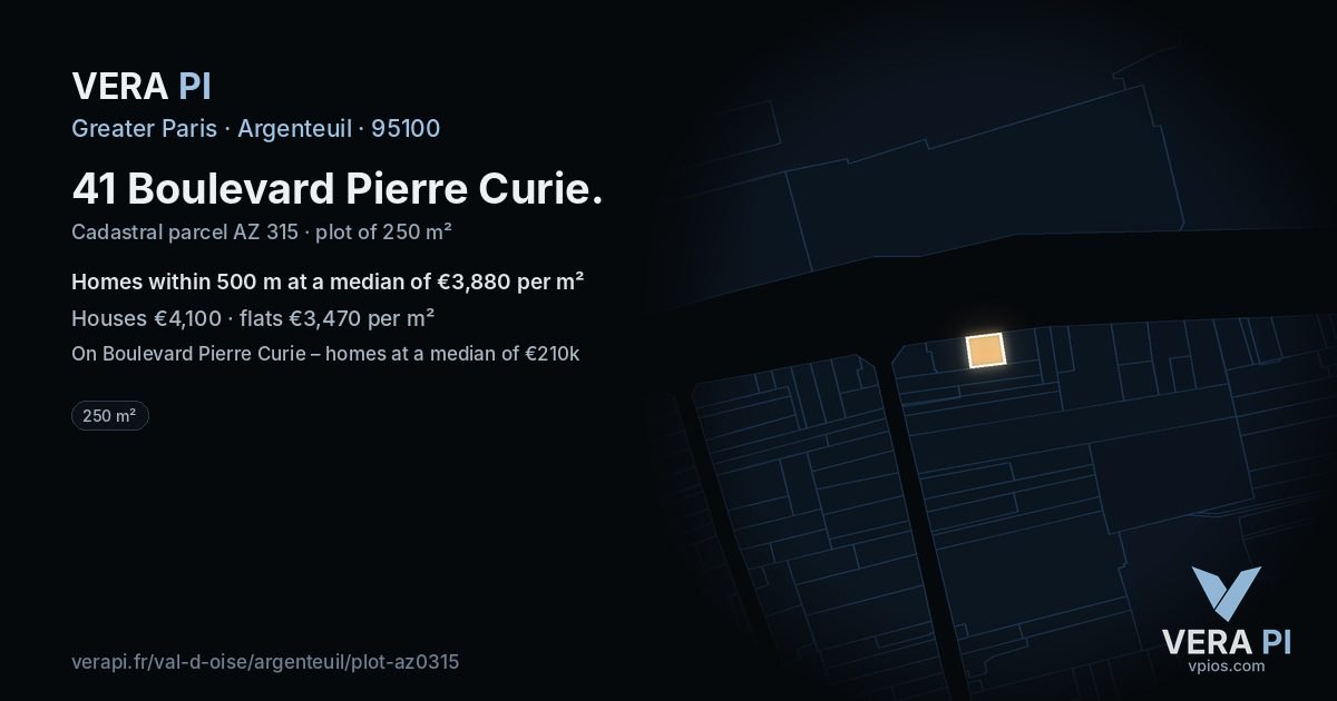 41 Boulevard Pierre Curie, Argenteuil at night – the plot lit, the parcels around coloured by the prices near them