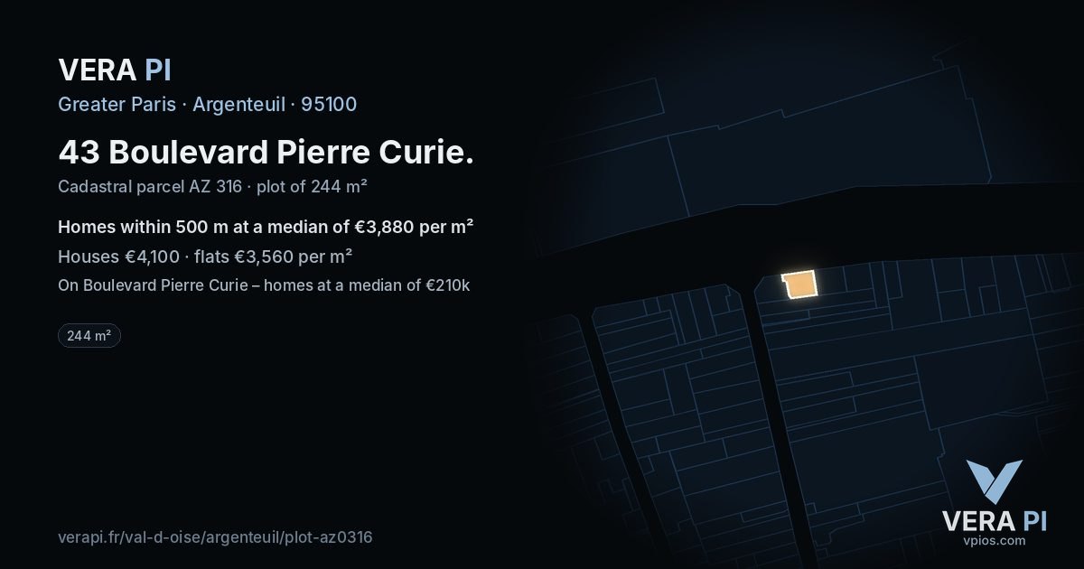 43 Boulevard Pierre Curie, Argenteuil at night – the plot lit, the parcels around coloured by the prices near them