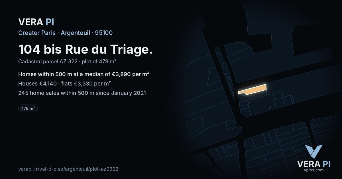 104 bis Rue du Triage, Argenteuil at night – the plot lit, the parcels around coloured by the prices near them