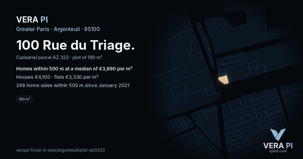 100 Rue du Triage, Argenteuil at night – the plot lit, the parcels around coloured by the prices near them