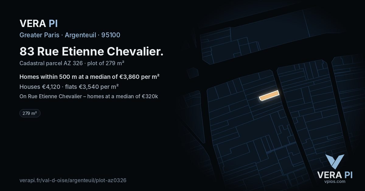 83 Rue Etienne Chevalier, Argenteuil at night – the plot lit, the parcels around coloured by the prices near them