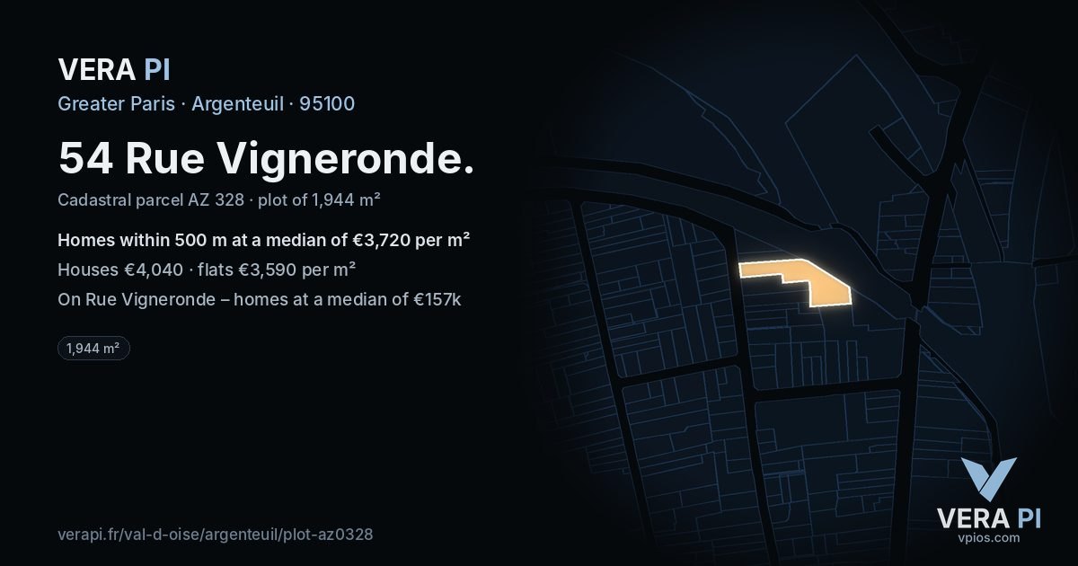 54 Rue Vigneronde, Argenteuil at night – the plot lit, the parcels around coloured by the prices near them