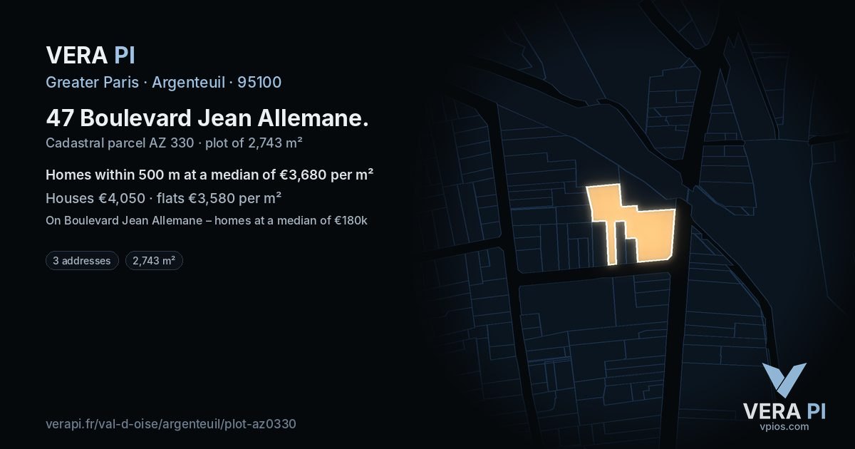 47 Boulevard Jean Allemane, Argenteuil at night – the plot lit, the parcels around coloured by the prices near them