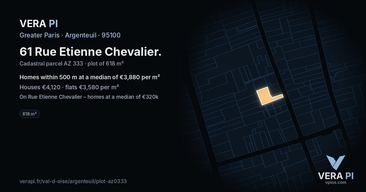 61 Rue Etienne Chevalier, Argenteuil at night – the plot lit, the parcels around coloured by the prices near them