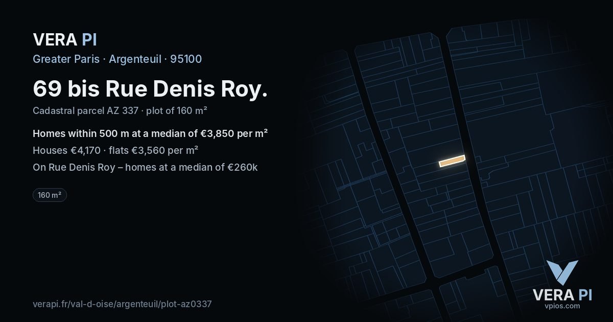 69 bis Rue Denis Roy, Argenteuil at night – the plot lit, the parcels around coloured by the prices near them