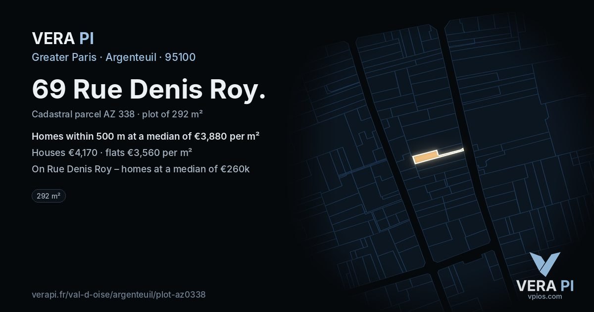 69 Rue Denis Roy, Argenteuil at night – the plot lit, the parcels around coloured by the prices near them