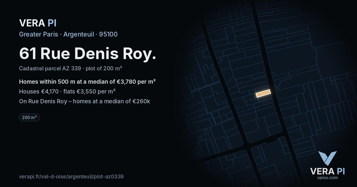61 Rue Denis Roy, Argenteuil at night – the plot lit, the parcels around coloured by the prices near them