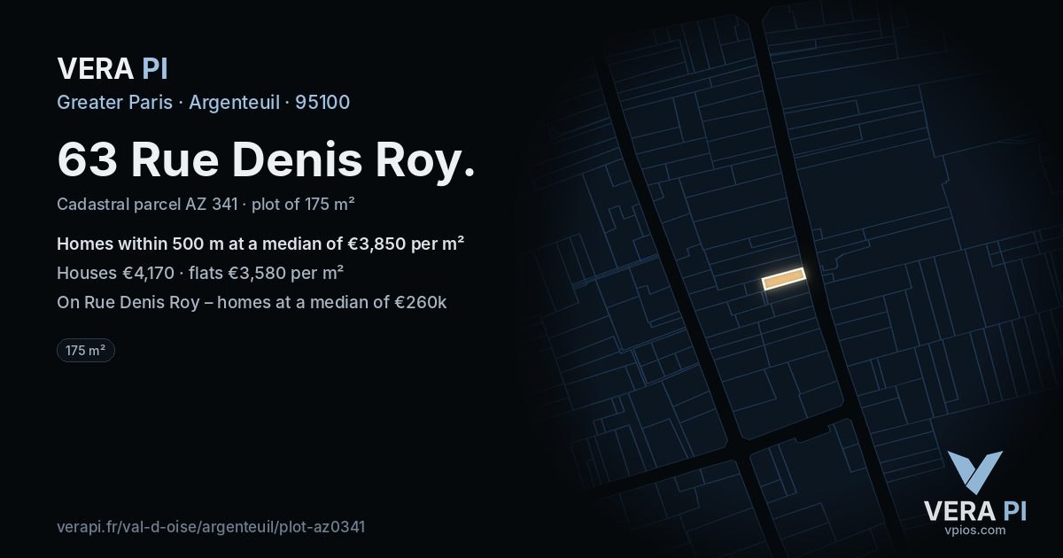 63 Rue Denis Roy, Argenteuil at night – the plot lit, the parcels around coloured by the prices near them