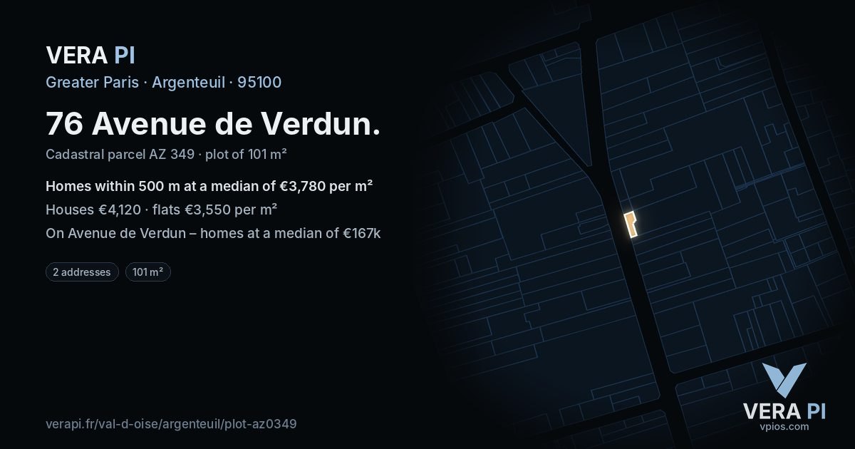 76 Avenue de Verdun, Argenteuil at night – the plot lit, the parcels around coloured by the prices near them