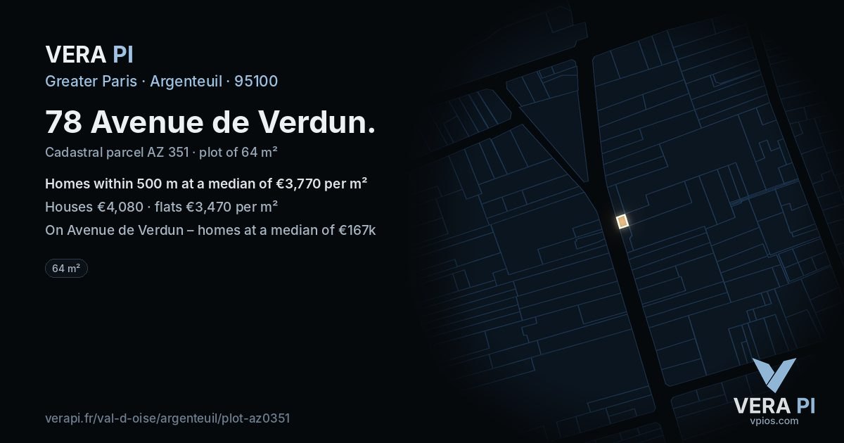 78 Avenue de Verdun, Argenteuil at night – the plot lit, the parcels around coloured by the prices near them