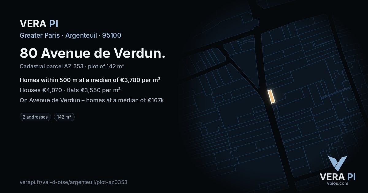 80 Avenue de Verdun, Argenteuil at night – the plot lit, the parcels around coloured by the prices near them
