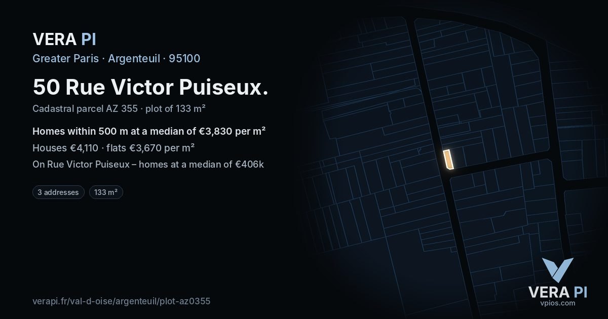 50 Rue Victor Puiseux, Argenteuil at night – the plot lit, the parcels around coloured by the prices near them