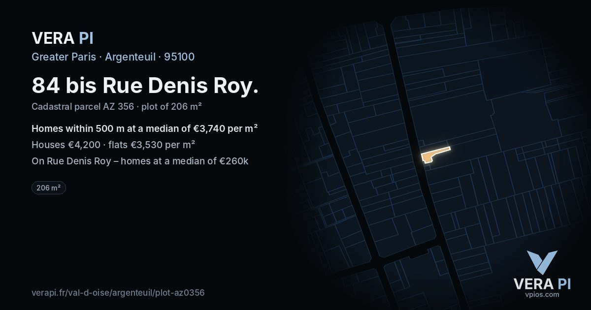 84 bis Rue Denis Roy, Argenteuil at night – the plot lit, the parcels around coloured by the prices near them