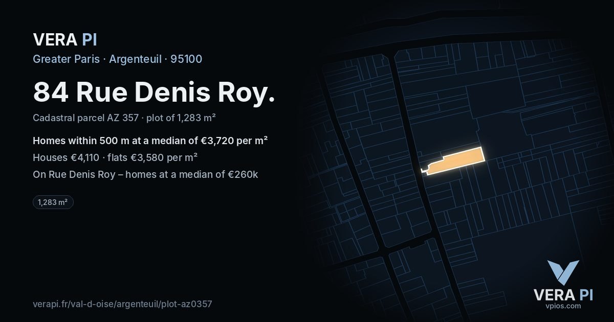 84 Rue Denis Roy, Argenteuil at night – the plot lit, the parcels around coloured by the prices near them