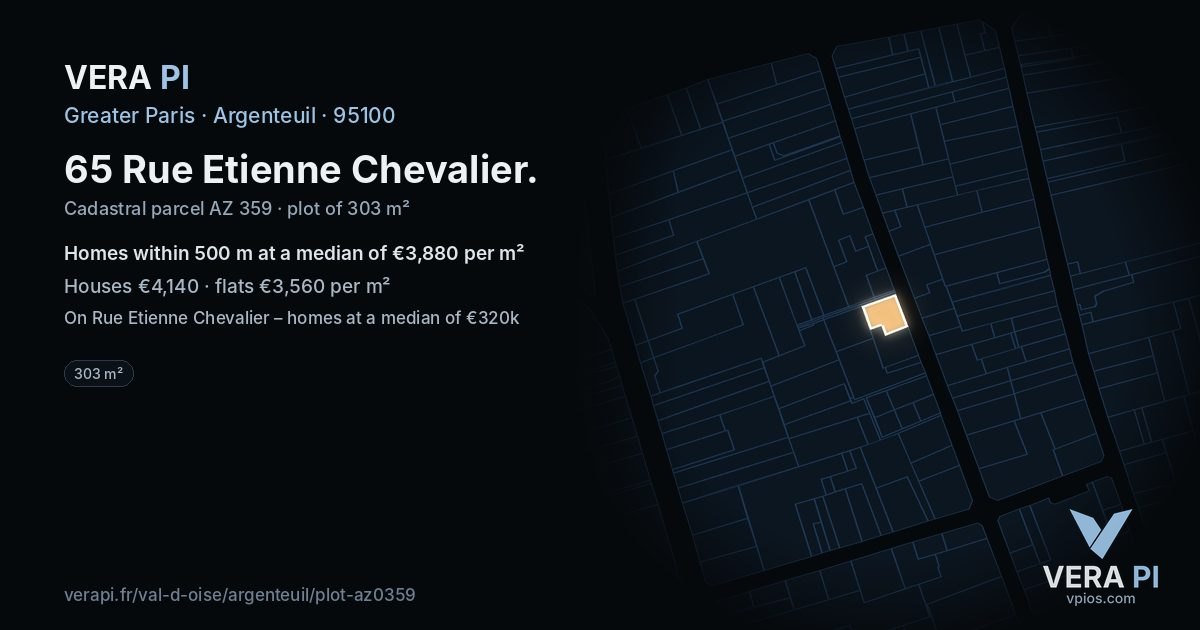 65 Rue Etienne Chevalier, Argenteuil at night – the plot lit, the parcels around coloured by the prices near them