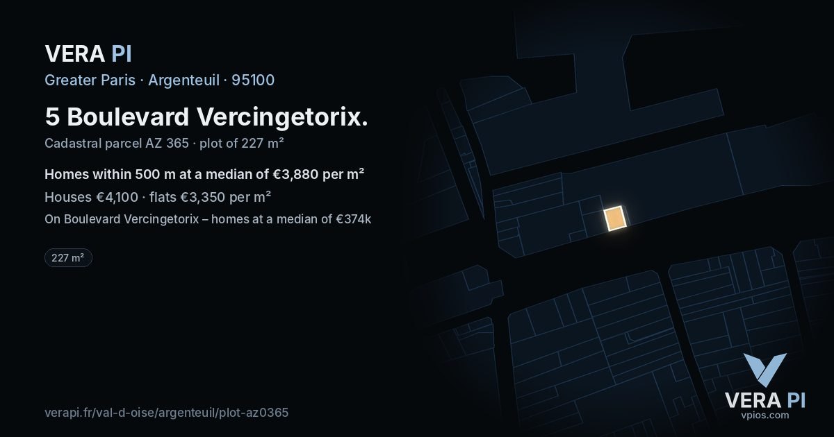 5 Boulevard Vercingetorix, Argenteuil at night – the plot lit, the parcels around coloured by the prices near them