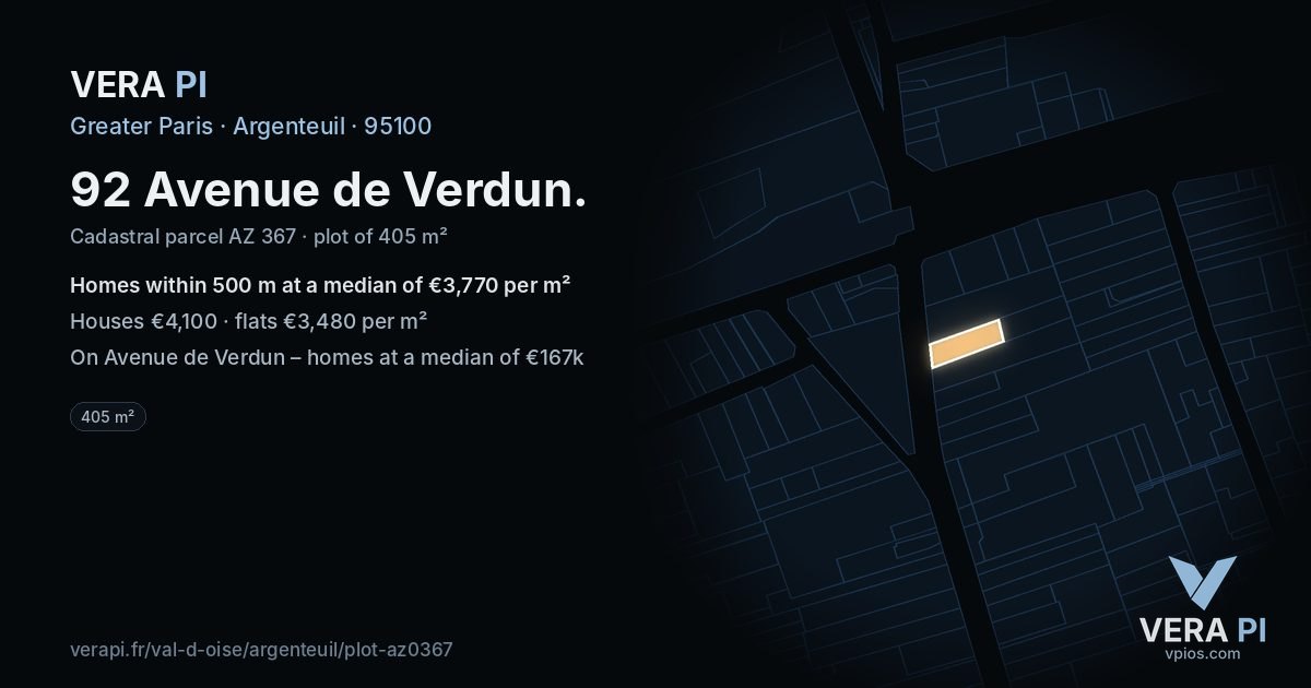 92 Avenue de Verdun, Argenteuil at night – the plot lit, the parcels around coloured by the prices near them