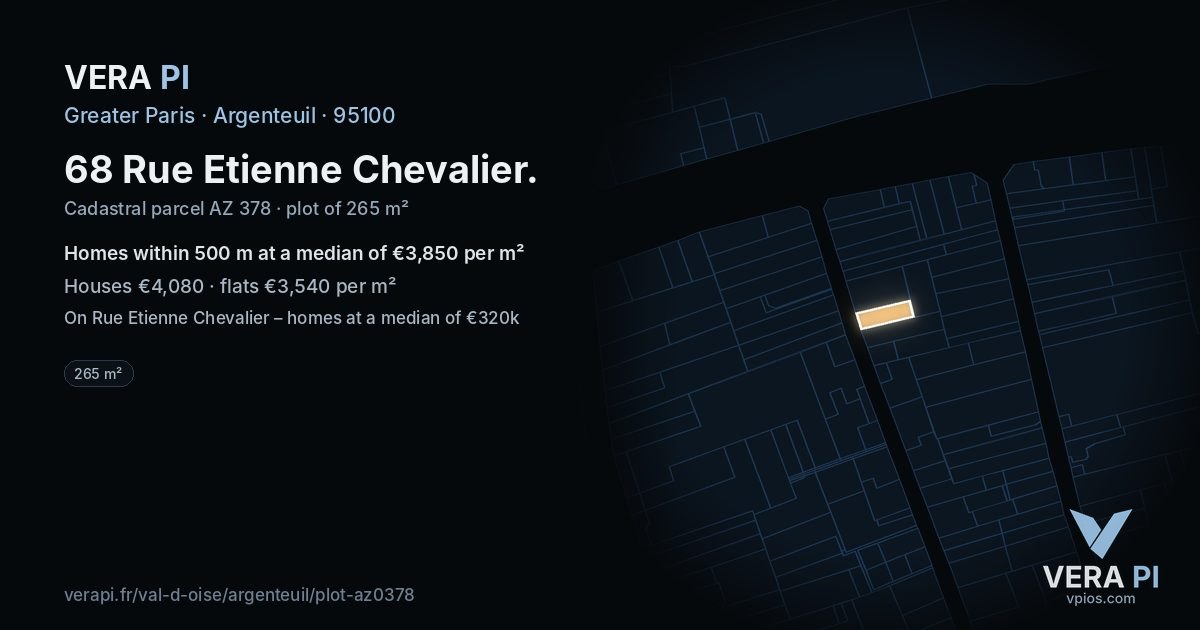 68 Rue Etienne Chevalier, Argenteuil at night – the plot lit, the parcels around coloured by the prices near them