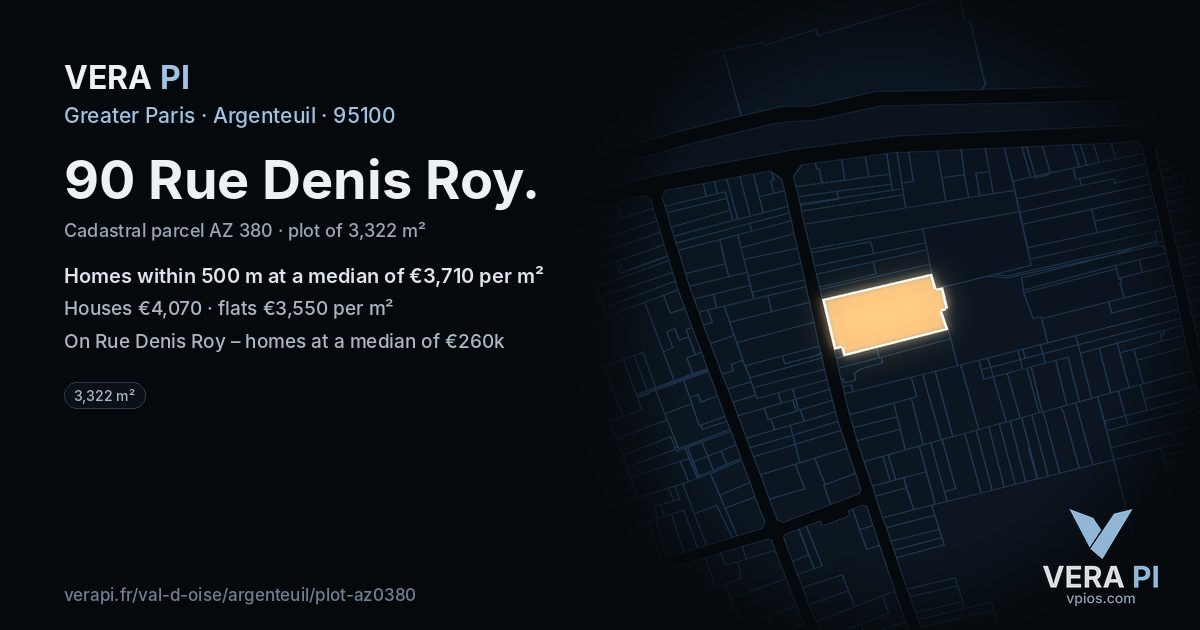 90 Rue Denis Roy, Argenteuil at night – the plot lit, the parcels around coloured by the prices near them