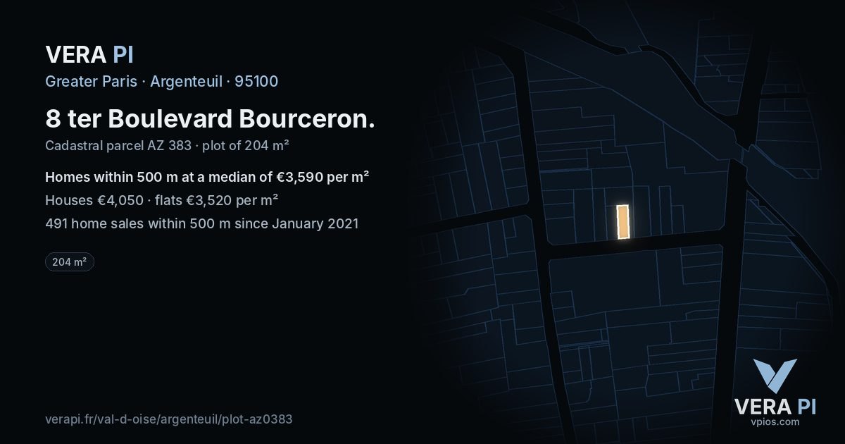 8 ter Boulevard Bourceron, Argenteuil at night – the plot lit, the parcels around coloured by the prices near them