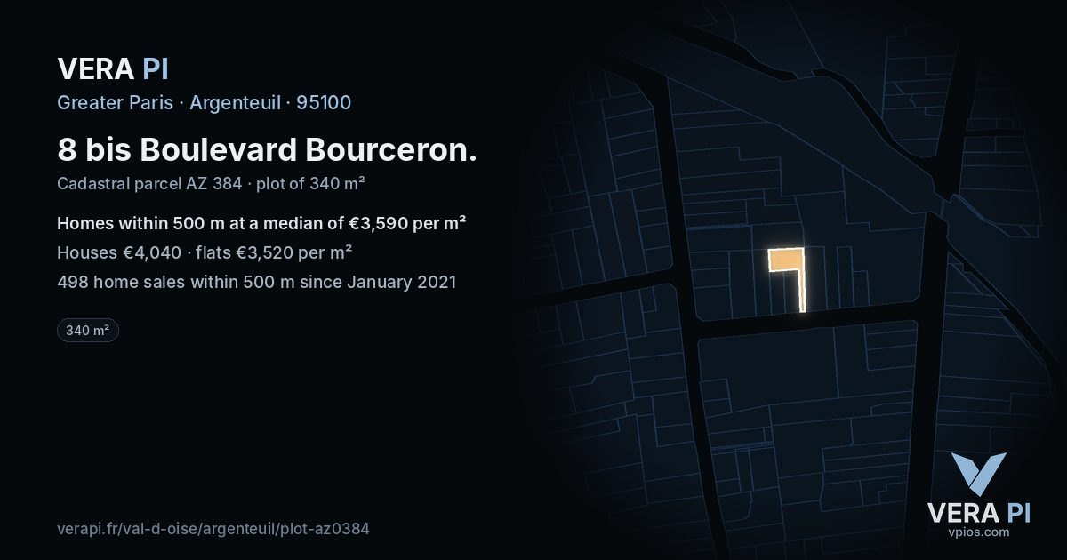8 bis Boulevard Bourceron, Argenteuil at night – the plot lit, the parcels around coloured by the prices near them